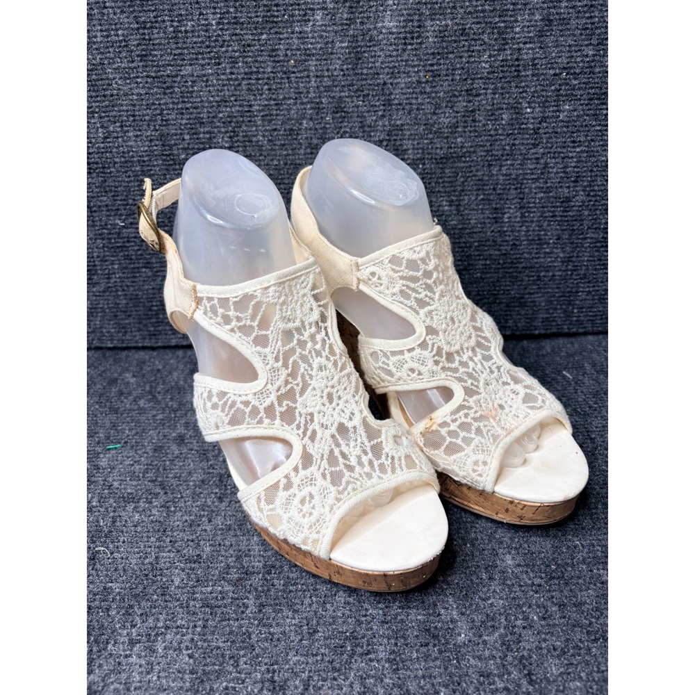 American Eagle Cream Floral Lace Cork Wedge Sandals Womens 10 Boho Summer High